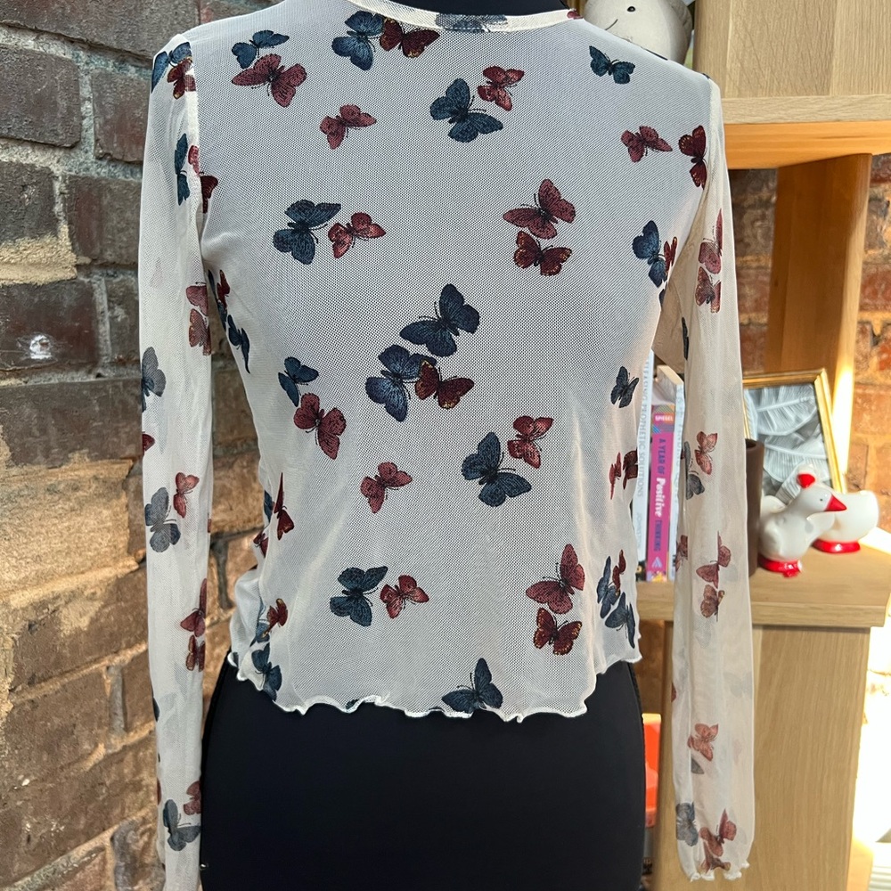 Altrd State Butterfly Print Mesh Sheer Long Sleeve Top Women’s Small